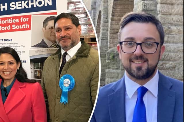 Narinder Sekhon, left, pictured with Home Secretary Priti Patel, and Matt Robinson, right, who are the final two on the shortlist to become the Conservative pick for West Yorkshire mayor.