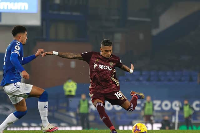 STAR QUALITY: Leeds United's Brazilian winger Raphinha fires home the only goal of the game in November's 1-0 win at Everton. Photo by Clive Brunskill/Getty Images.