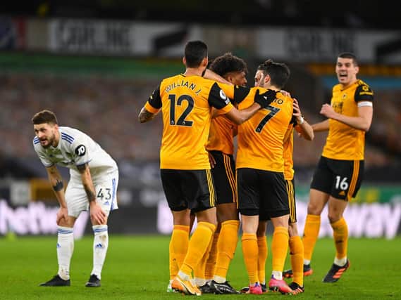 Wolves celebrate the opening goal against Leeds United at Molineux. Pic: Getty