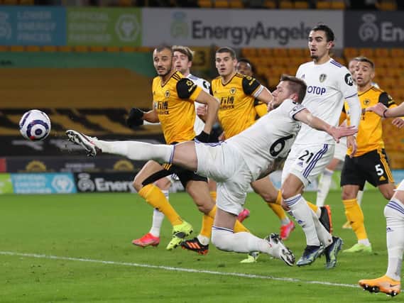 CHANCE GONE - Leeds United captain Liam Cooper was a menace in the Wolves penalty area but couldn't convert the chances Raphinha sent his way. Pic: Getty