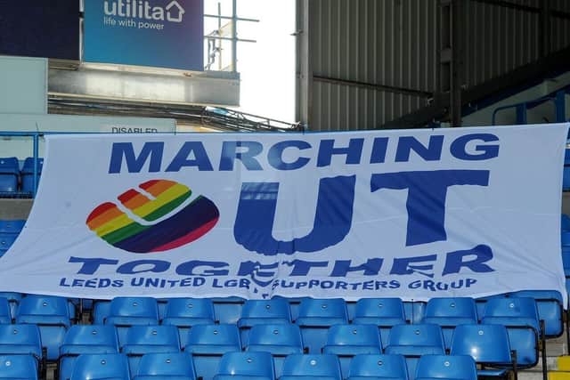 The Marching Out Together flag on the Revie Stand.
