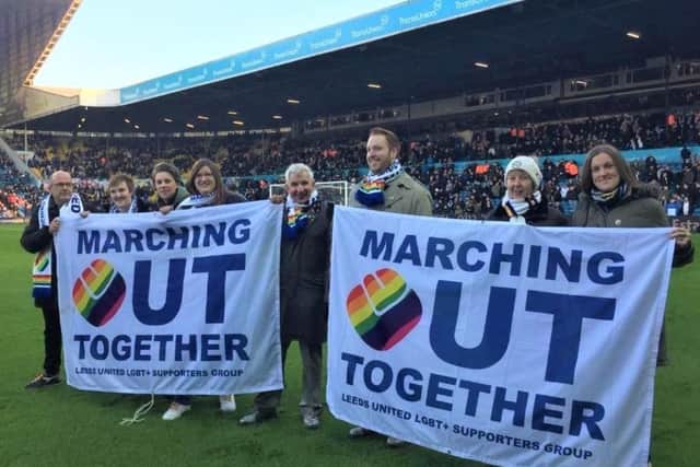 The Marching Out Together Supporters Group at Elland Road before a game.