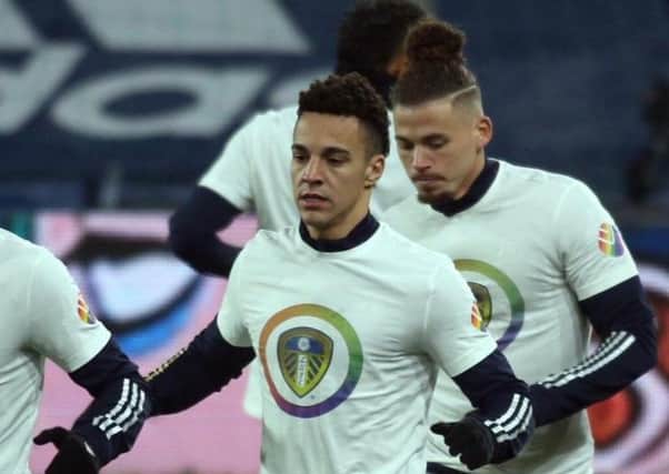 The Leeds United players wear shirts supporting the LGBT+ movement.