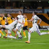 DENIED: Leeds United skipper Liam Cooper was denied three times from Raphinha set pieces by Wolves keeper Rui Patricio. Photo by Catherine Ivill/Getty Images.