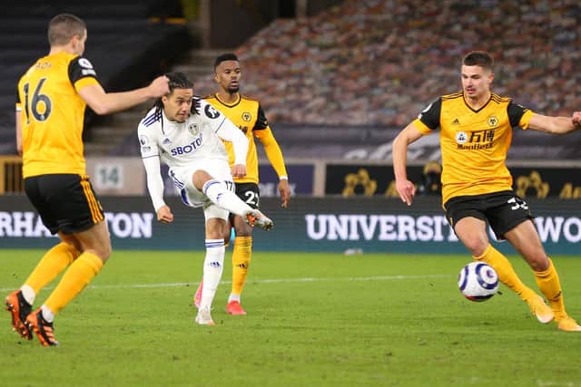 GOLDEN CHANCE: Leeds United substitute Helder Costa fires his attempt straight at Wolves 'keeper Rui Patricio in second half stoppage time. Photo by Alex Pantling/Getty Images.