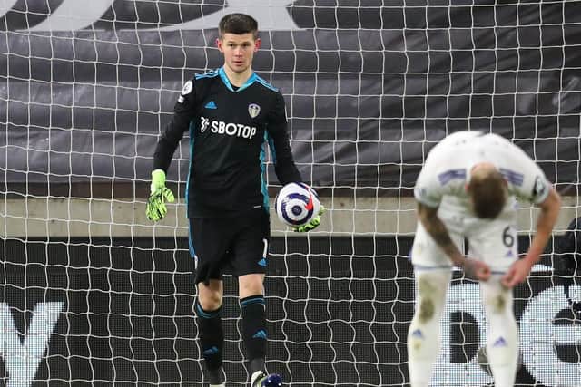 RIDICULOUSLY UNLUCKY: Leeds United goalkeeper Illan Meslier after his freak own goal from Adama Traore's strike in Friday night's 1-0 loss at Wolves. Photo by CATHERINE IVILL/POOL/AFP via Getty Images.
