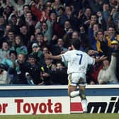 DOUBLE DELIGHT: Steve Hodge races away to celebrate netting as part of a brace against Southampton at Elland Road in December 1991 but the Saints fought back from 2-0 and 3-1 down to draw 3-3. Picture by Varleys.