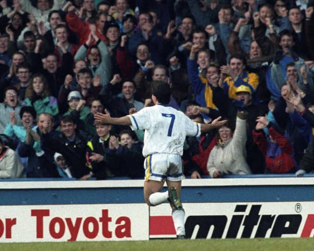 DOUBLE DELIGHT: Steve Hodge races away to celebrate netting as part of a brace against Southampton at Elland Road in December 1991 but the Saints fought back from 2-0 and 3-1 down to draw 3-3. Picture by Varleys.