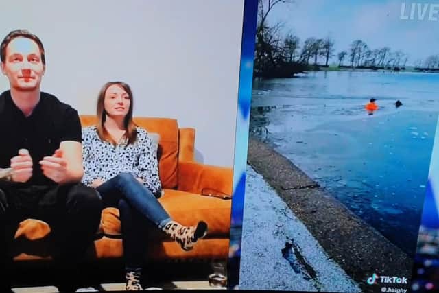 Darcy Pell, pictured left, appeared on Ant and Dec's Saturday Night Takeaway where he won a Takeaway Getaway holiday for his heroics in rescuing a dog from a frozen lake. Images: ITV