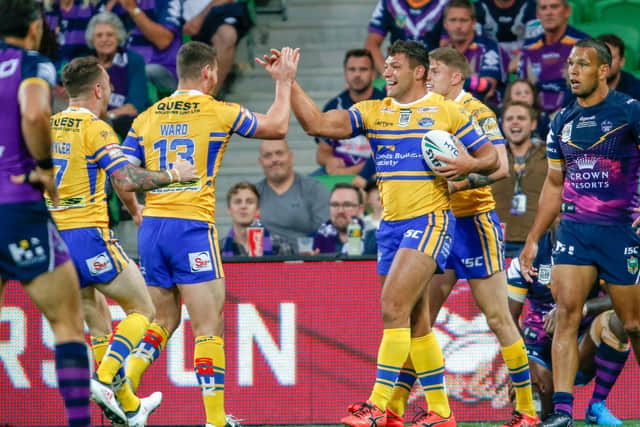 FALSE DAWN: Ryan Hall of Leeds Rhinos celebrates after scoring the opening try against Melbourne Storm in the 2018 World Club Challenge in Melbourne. Picture: Brendon Ratnayake/SWpix.com/PhotosportNZ.