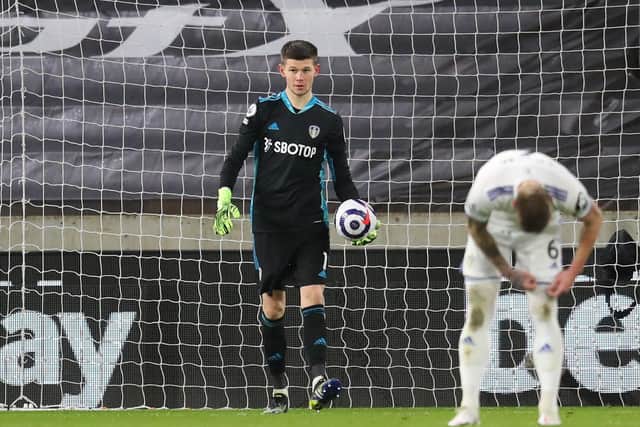 OUT OF LUCK: Leeds United goalkeeper Illan Meslier picks the ball out of the net after scoring an unfortunate own goal. Picture: Catherine Ivill/PA Wire.