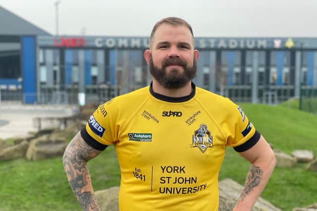 Adam Cuthbertson models York's away jersey, in front of their new stadium. Picture c/o York City Knights.