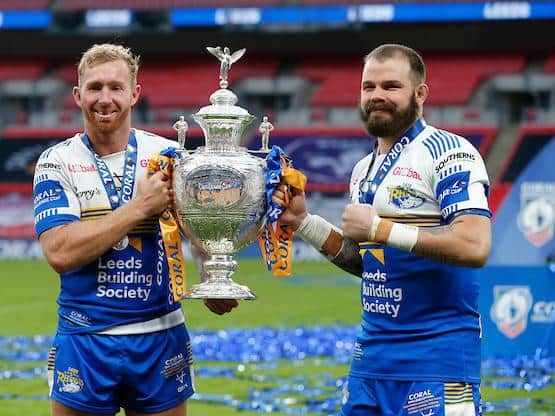 Adam Cuthbertson, right, bowed out of Rhinos as a Wembley winner. Picture by Ed Sykes/SWpix.com.