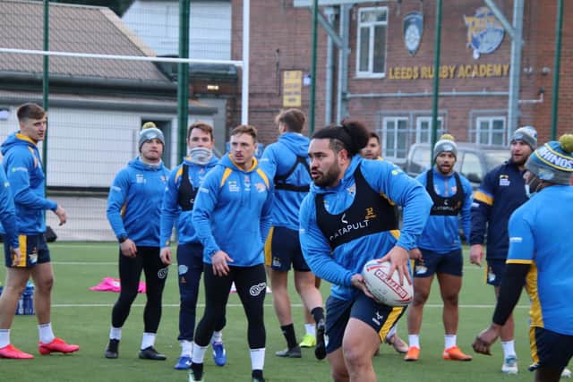 Konrad Hurrell, with ball, says he has enjoyed pre-season this year. Picture by Phil Daly/Leeds Rhinos.