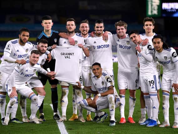 Leeds United players pose with a shirt that reads Granny Val in tribute to Kalvin Phillips’ Grandma after the Premier League match at Elland Road (photo: PA).