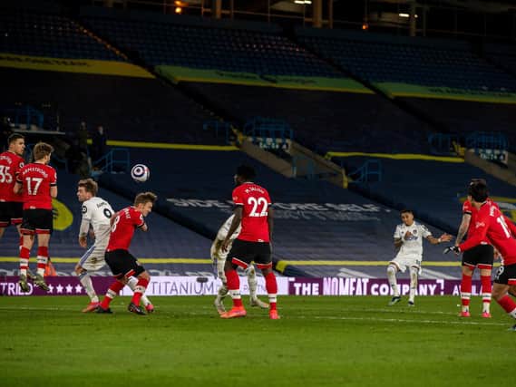 Leeds United winger Raphinha scores against Southampton at Elland Road. Pic: Bruce Rollinson