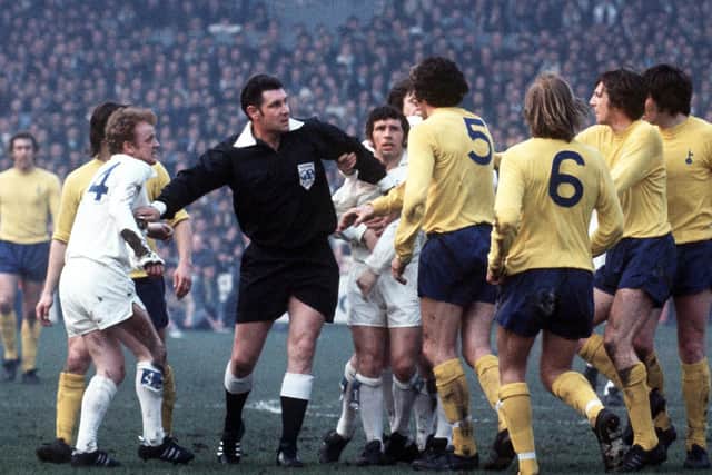 Bill Hirst took this photograph at Elland Road on March 18 1972 of referee Jack Taylor stepping in between Billy Bremner and Tottenham Hotspur players during a sixth round F A Cup tie, which Leeds won 2-1.