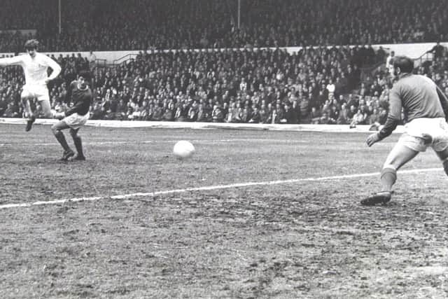A Bill Hirst photograph of Allan Clarke scoring for Leeds United v Swindon at Elland Road on January 25 1971.