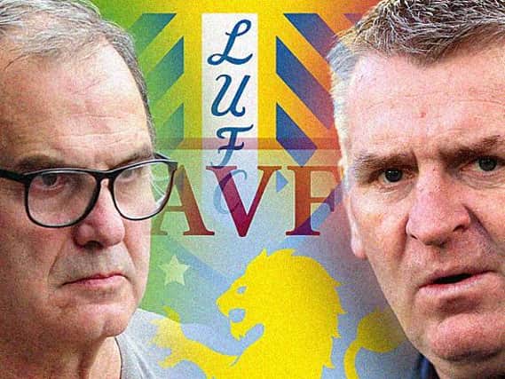 FIFTH MEETING: Between Leeds United head coach Marcelo Bielsa, left, and Aston Villa boss Dean Smith, right. The pair also locked horns three times in the Championship. Graphic by Graeme Bandeira.