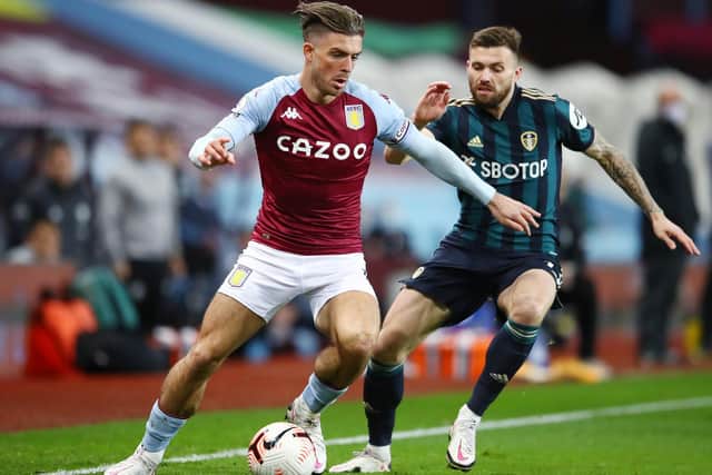 INJURY DOUBT: Aston Villa star Jack Grealish, front, pictured battling it out with Leeds United's Stuart Dallas in October's Premier League clash at Villa Park. Photo by Michael Steele/Getty Images.