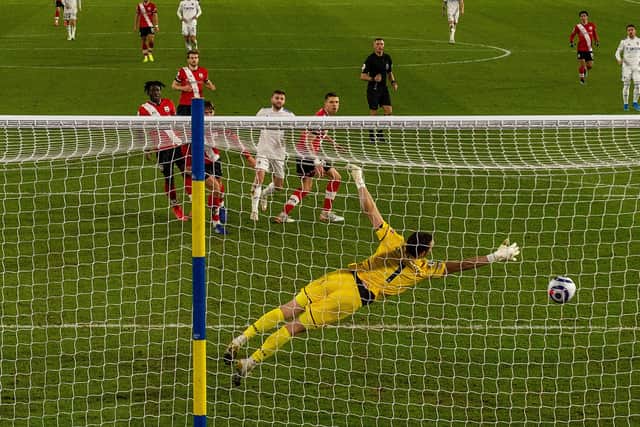 SUPER STRIKE: Stuart Dallas fires past Southampton goalkeeper Alex McCarthy.
 Picture: Bruce Rollinson.