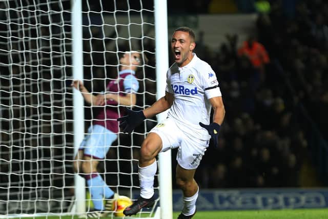 Kemar Roofe celebrates scoring his first ever Leeds United goal. PIC: Varley Picture Agency