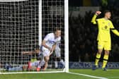 ALL OVER: Chris Wood slides home Leeds United's second goal in the 2-0 win against Aston Villa at Elland Road of December 2016. Picture by Varleys.