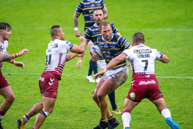 Matt Prior, pictured taking on Wigan's defence in the Challenge Cup semi-final, was Rhinos' player of the year in 2020. Picture by Bruce Rollinson.