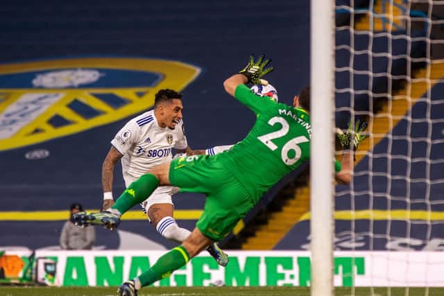 KEPT OUT: Even Leeds United's Brazilian winger sensation Raphinha, left, was unable to show his true sparkle in Saturday's 1-0 defeat at home to Aston Villa for whom Emi Martinez, right, was solid in goal. Picture by Bruce Rollinson.