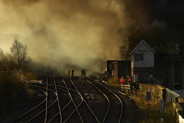 The smoke across the railway track at Bradford Interchange.