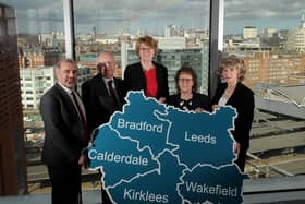 Devolution photocall with the leaders of the local councils, Granary Wharf, Leeds. Pictured from the left are Shabir Pandor (kirklees Council Leader), Tim Swift (Calderdale) Susan Hinchcliffe (Bradford) Judith Blake (Leeds) and Denise Jeffery (Wakefield).. 11th March 2019 ..Picture by Simon Hulme