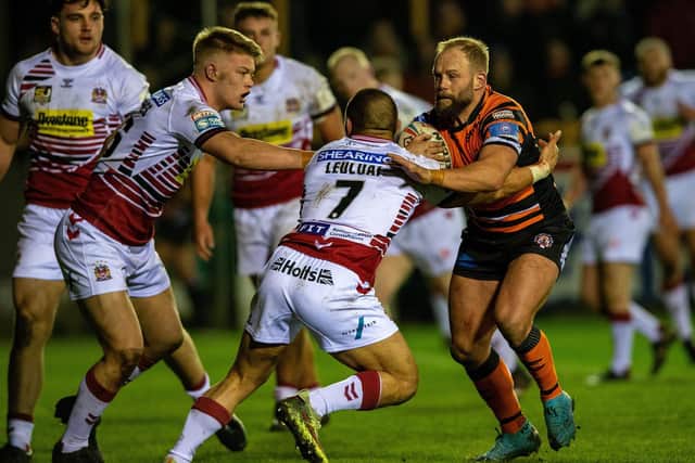 Paul McShane on the attack for Tigers against Wigan. Picture by Bruce Rollinson.