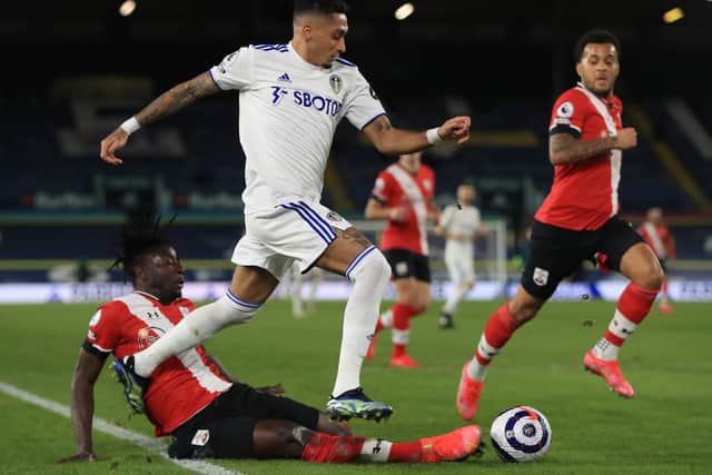THRIVING: Leeds United winger Raphinha, in action during last month's 3-0 win at home to Southampton. Photo by Mike Egerton - Pool/Getty Images.