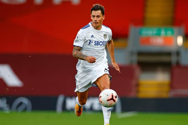 HARSH CALL? Liverpool were awarded a penalty in this season's clash against Leeds United at Anfield after Robin Koch, above, was adjudged to have handballed. Photo by PHIL NOBLE/POOL/AFP via Getty Images.