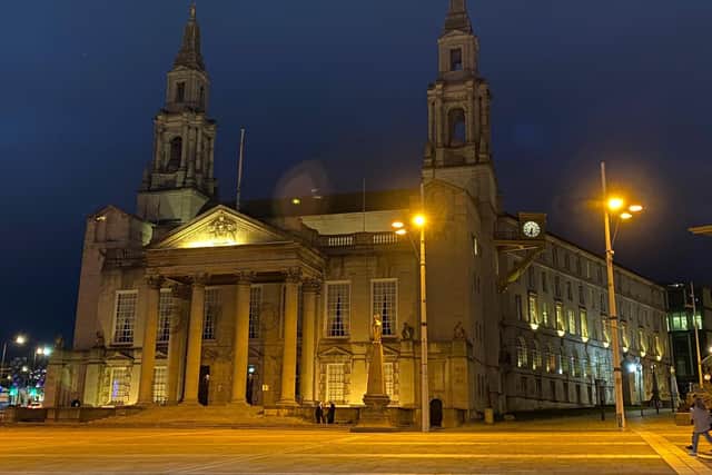 Leeds Civic Hall lit up (photo: @RobWilsonLtd / Twitter).