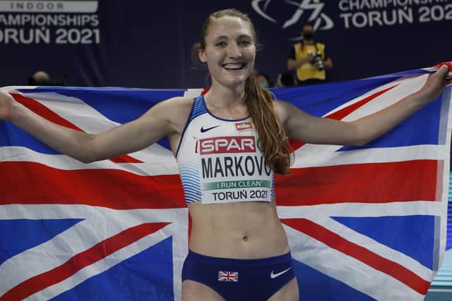 Britains Amy-Eloise Markovc celebrates after winning the women's 3000 meters final at the Poland European Indoor Athletics Championships in Torun, Poland. (AP Photo/Darko Vojinovic)