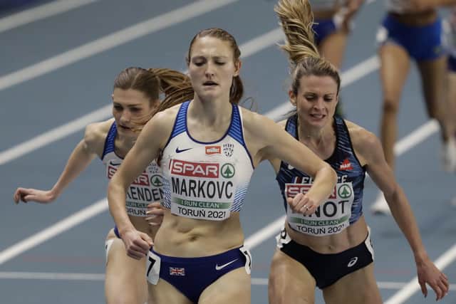 Britains Amy-Eloise Markovc, crosses, crosses the finish line to win the women's 3000 meters final at the Poland European Indoor Athletics Championships in Torun, Poland. (AP Photo/Czarek Sokolowski)