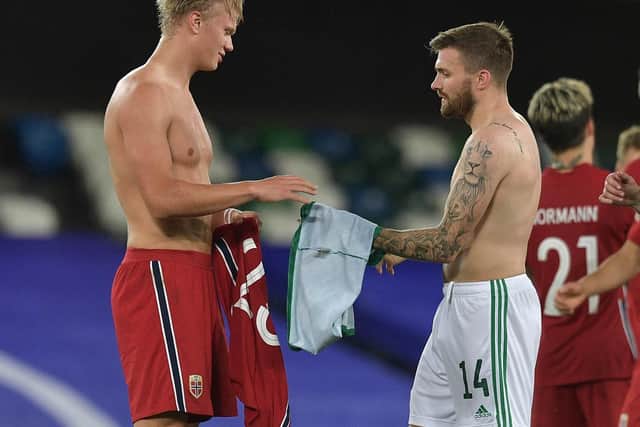 Leeds United's Stuart Dallas swaps shirts with Erling Haaland. Pic: Getty