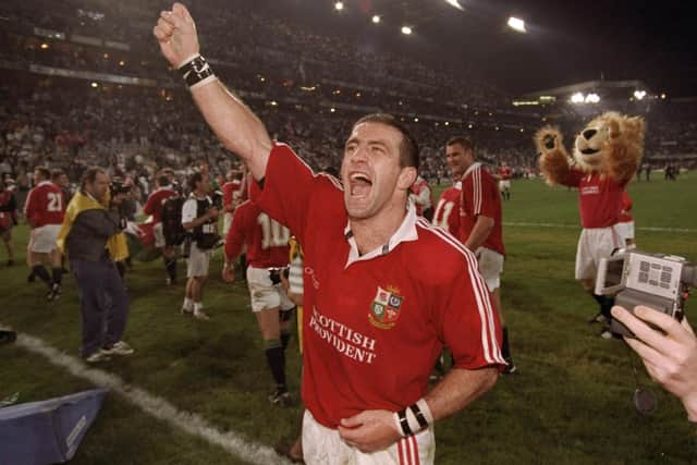 John Bentley of the British Lions celebrates victory in the second test match against South Africa at Kings Park in Durban, South Africa in 1997. Picture: Alex LiveseyAllsport.