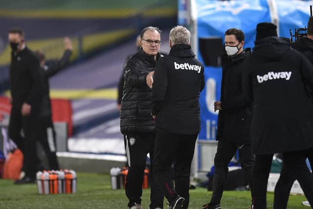 WE WILL MEET AGAIN: Leeds United head coach Marcelo Bielsa, left, and West Ham boss David Moyes, right, before December's Premier League clash at Elland Road. Photo by Oli Scarff - Pool/Getty Images.