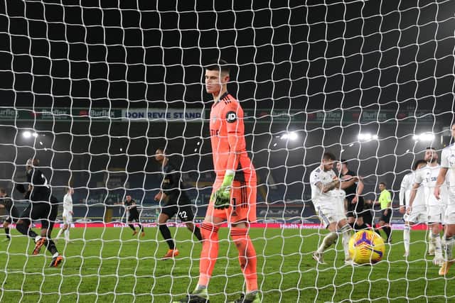 HAMMERS BLOW: 'Keper Illan Meslier is unable to prevent Angelo Ogbonna scoring what proved the winning goal in December's clash between Leeds United and West Ham at Elland Road. Photo by Jason Cairnduff - Pool/Getty Images.