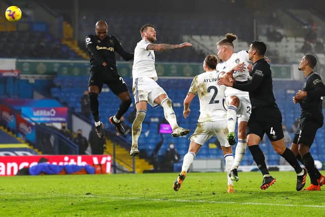 FLYING HIGH: Angelo Ogbonna heads home the winning goal in December's clash at Leeds United. Three months later, West Ham have prospects of sealing Champions League football. Photo by Jason Cairnduff - Pool/Getty Images.