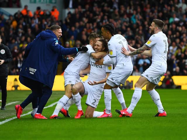 Leeds United celebrate Luke Ayling's goal against Huddersfield Town at Elland Road. Pic: Jonathan Gawthorpe