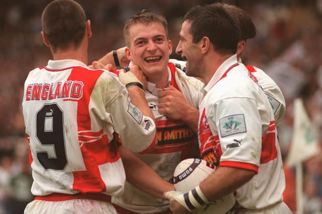 John Bentley, far right, along with Lee Jackson and Barrie-Jon Mather congratulate Paul Newlove after his try for England against Australia at Wembley in 1995.