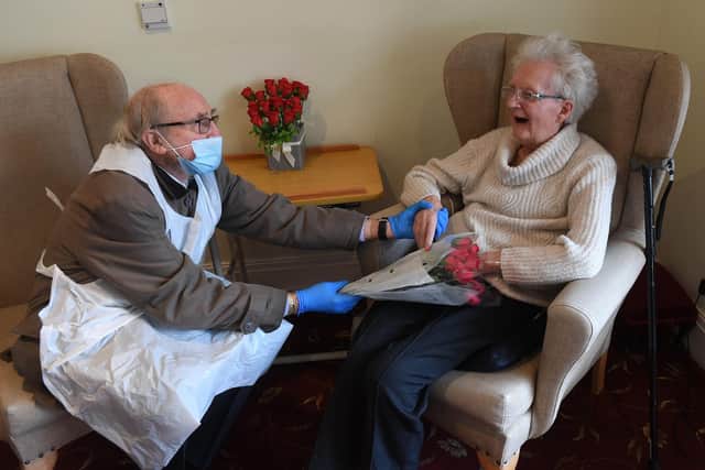 The heartwarming moment Frank and Sheila Whitelow are reunited at Carr Croft Care Home in Meanwood. Picture: Simon Hulme