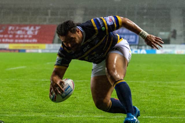 Konrad Hurrell scores for Rhinos at an empty TW Stadium, St Helens, last season. Picture by Bruce Rollinson.