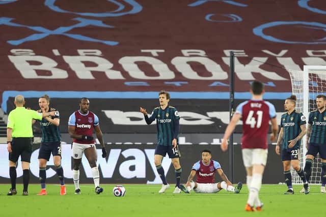 EARLY BLOW: Luke Ayling fouled Jesse Lingard in the 19th minute for a West Ham penalty, above, which led to Lingard putting the hosts in front. Photo by Julian Finney/Getty Images.