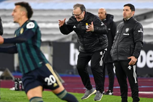 FRUSTRATION: Leeds United head coach Marcelo Bielsa, centre, during Monday night's 2-0 reverse at West Ham United. Photo by ANDY RAIN/POOL/AFP via Getty Images.
