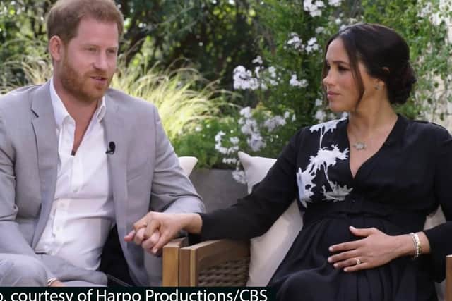 Screen grab photo supplied by ITV Hub courtesy of Harpo Productions/CBS showing the Duke and Duchess of Sussex during their interview with Oprah Winfrey which was broadcast in the US on March 7 and in the UK on March 8.