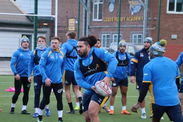 Konrad Hurrell, with ball, training at Rhinos' Kirkstall base. Picture by Phil Daly/Leeds Rhinos.